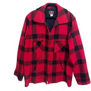 Vintage Johnson Woolen Mills Jacket Mens 48 L Cruiser #1125 Red Black Plaid Wool